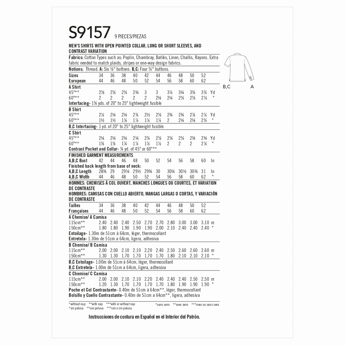 Simplicity Sewing Pattern S9157 Men's Open Pointed Collar Shirts