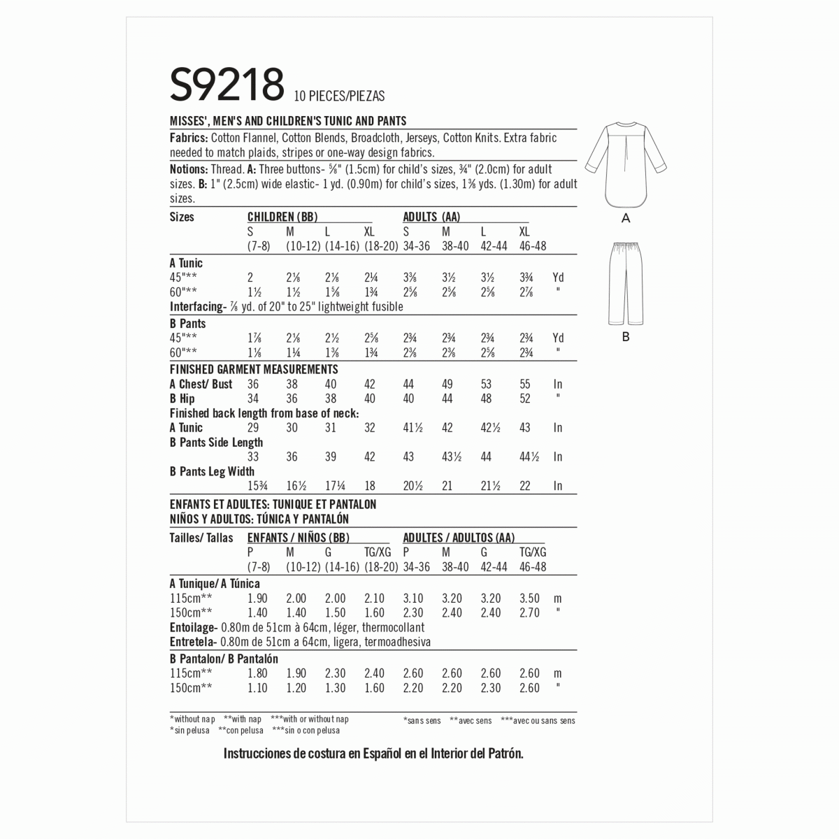 Simplicity Sewing Pattern S9218 Misses', Men's and Children's Tunic and Trousers