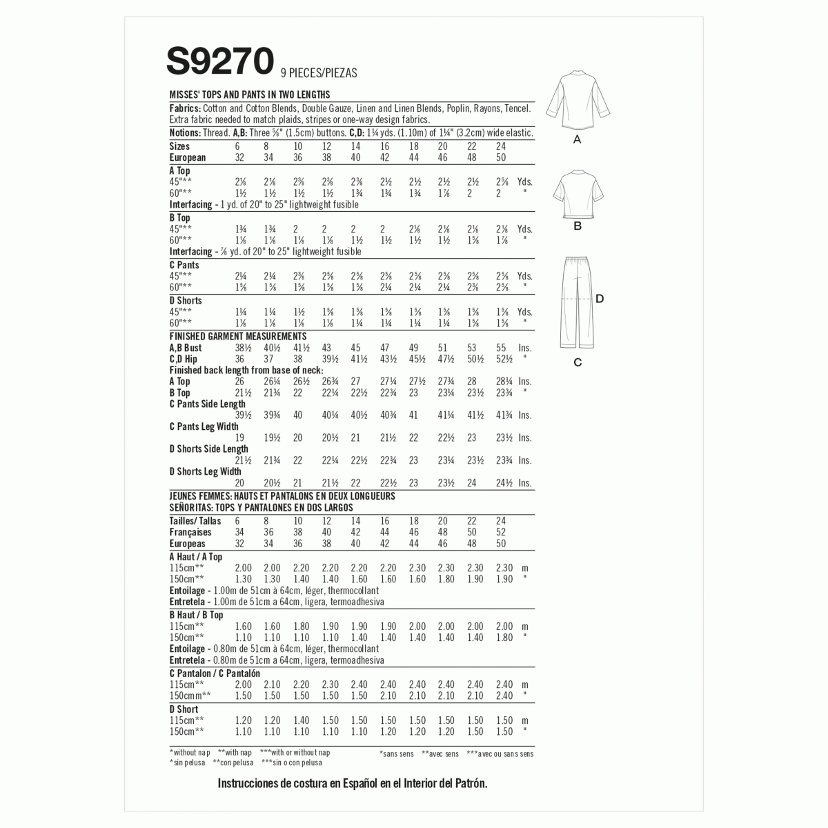 Simplicity Sewing Pattern S9270 Misses' Tops and Trousers