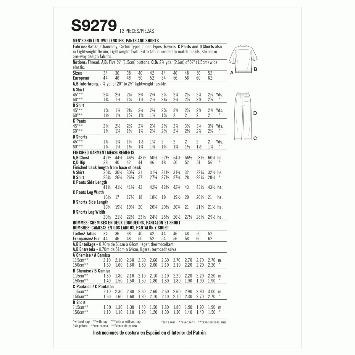 Simplicity Sewing Pattern S9279 Men's Shirt In Two Lengths, Trousers and Shorts