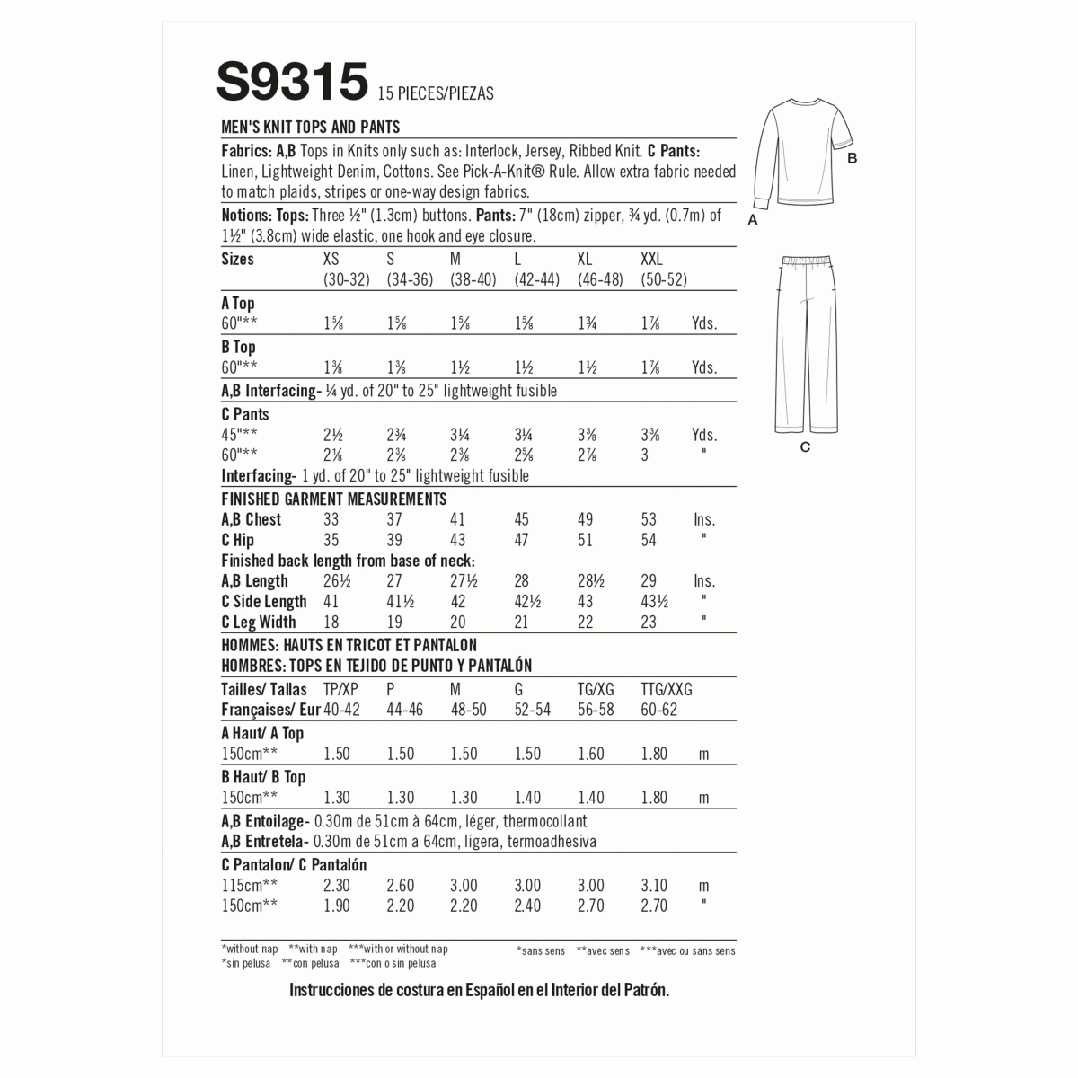 Simplicity Sewing Pattern S9315 Men's Casual Tops and Trousers