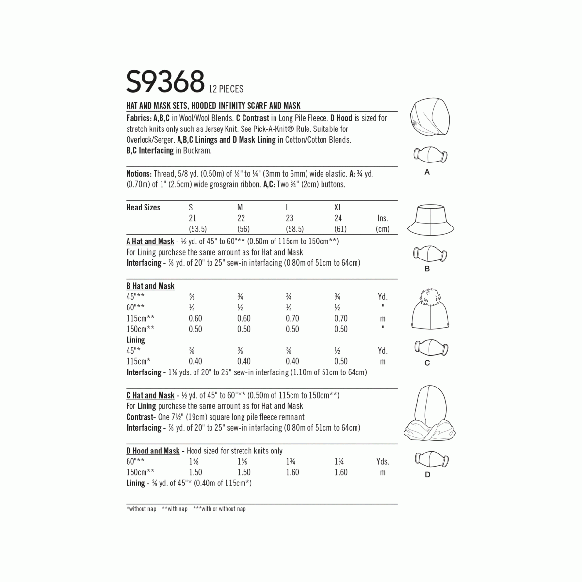 Simplicity Sewing Pattern S9368 Hat and Mask Sets, Hooded Infinity Scarf and Mask