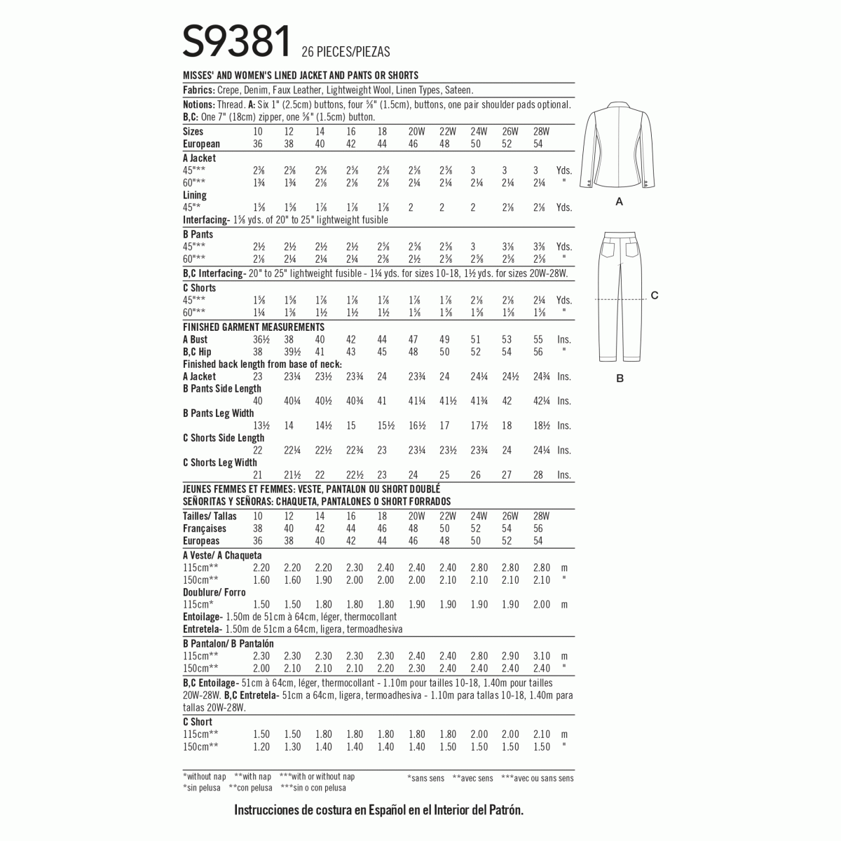 Simplicity Sewing Pattern S9381 Misses' and Women's Lined Jacket, Trousers and Shorts