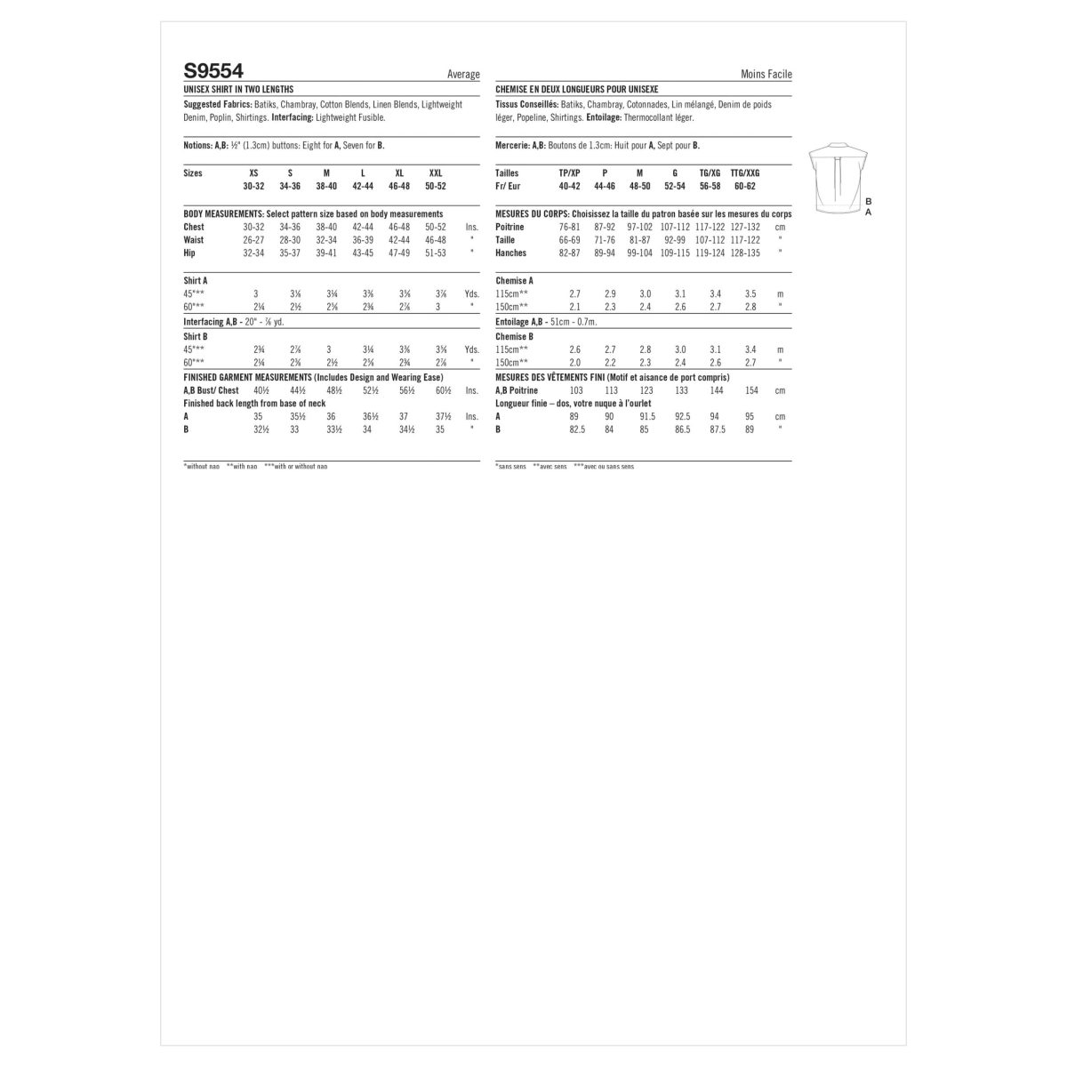 Simplicity Sewing Pattern S9554 Unisex Shirt in Two Lengths