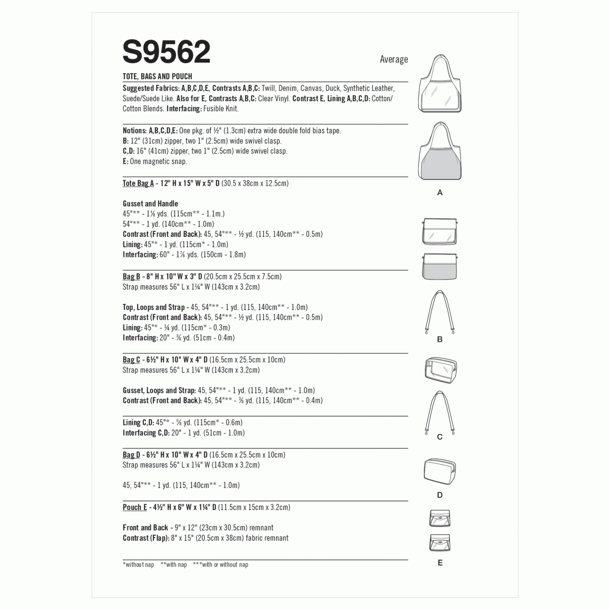 Simplicity Sewing Pattern S9562 Tote, Bags and Pouch