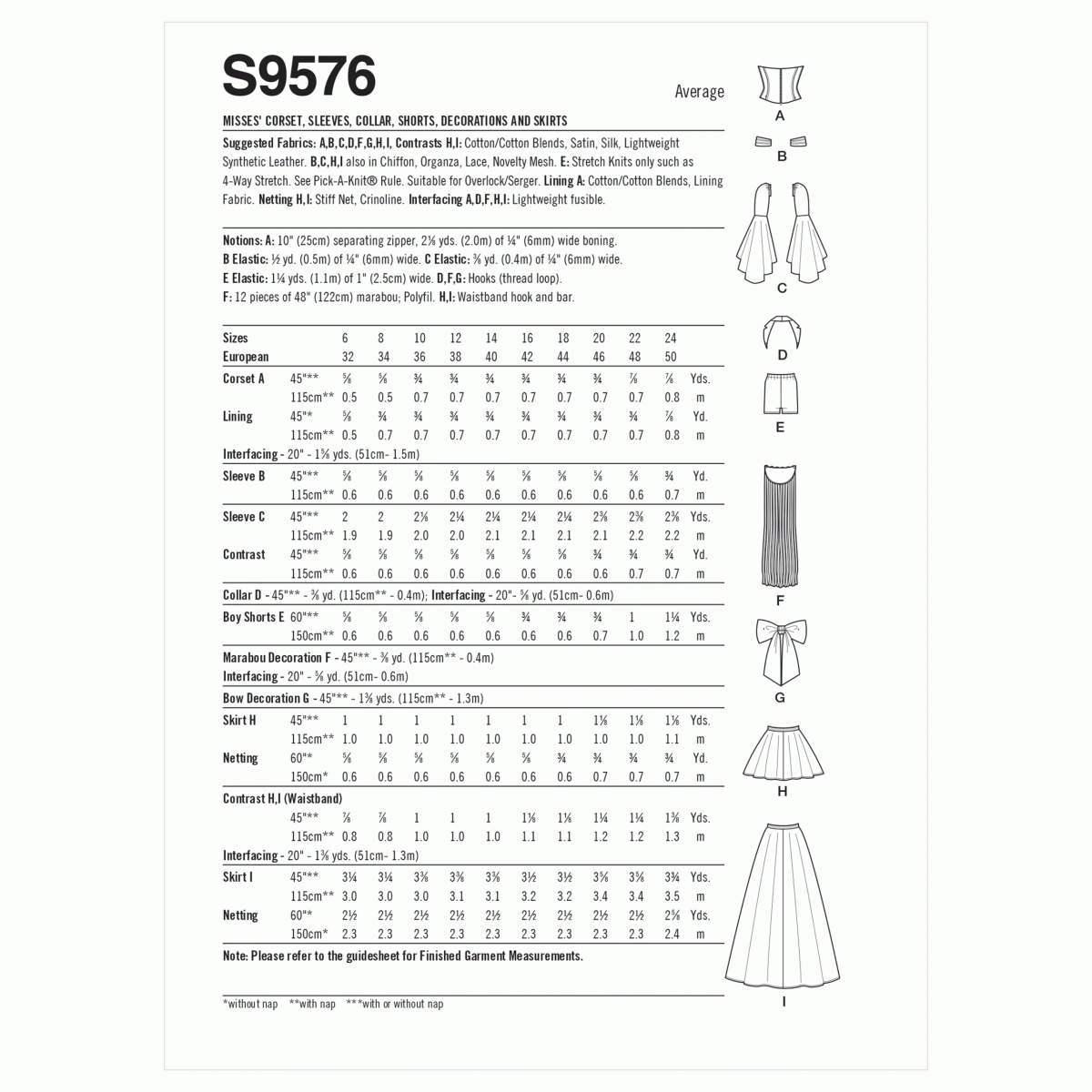 Simplicity Sewing Pattern S9576 Corset, Sleeves, Collar, Shorts, Decorations and Skirts