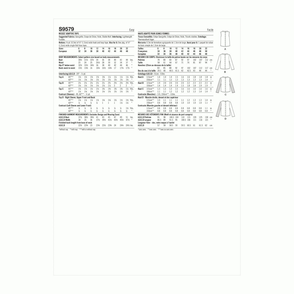 Simplicity Sewing Pattern S9579 Misses' Adaptive Tops