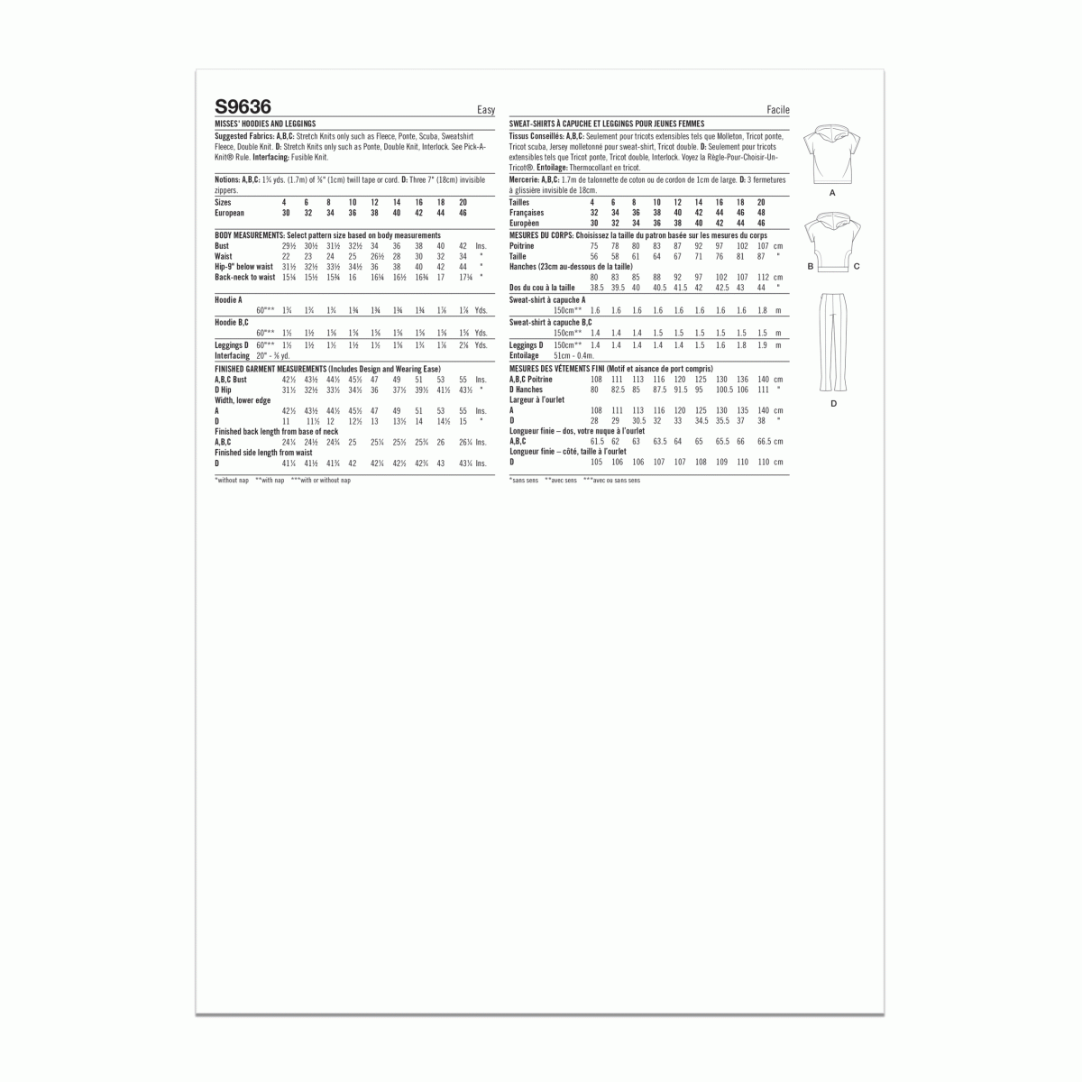 Simplicity Sewing Pattern S9636 Misses' Hoodies and Leggings by Mimi G