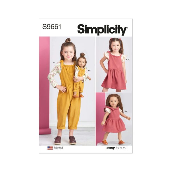 Simplicity Sewing Pattern S9661 Children's Knit Tops, Overalls, and Pinafore and Doll Clothes for 18" Doll