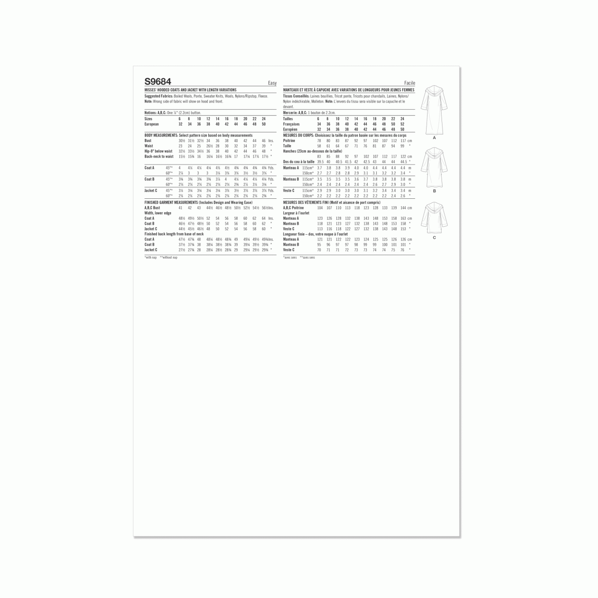 Simplicity Sewing Pattern S9684 Misses' Hooded Coats and Jacket with Length Variations