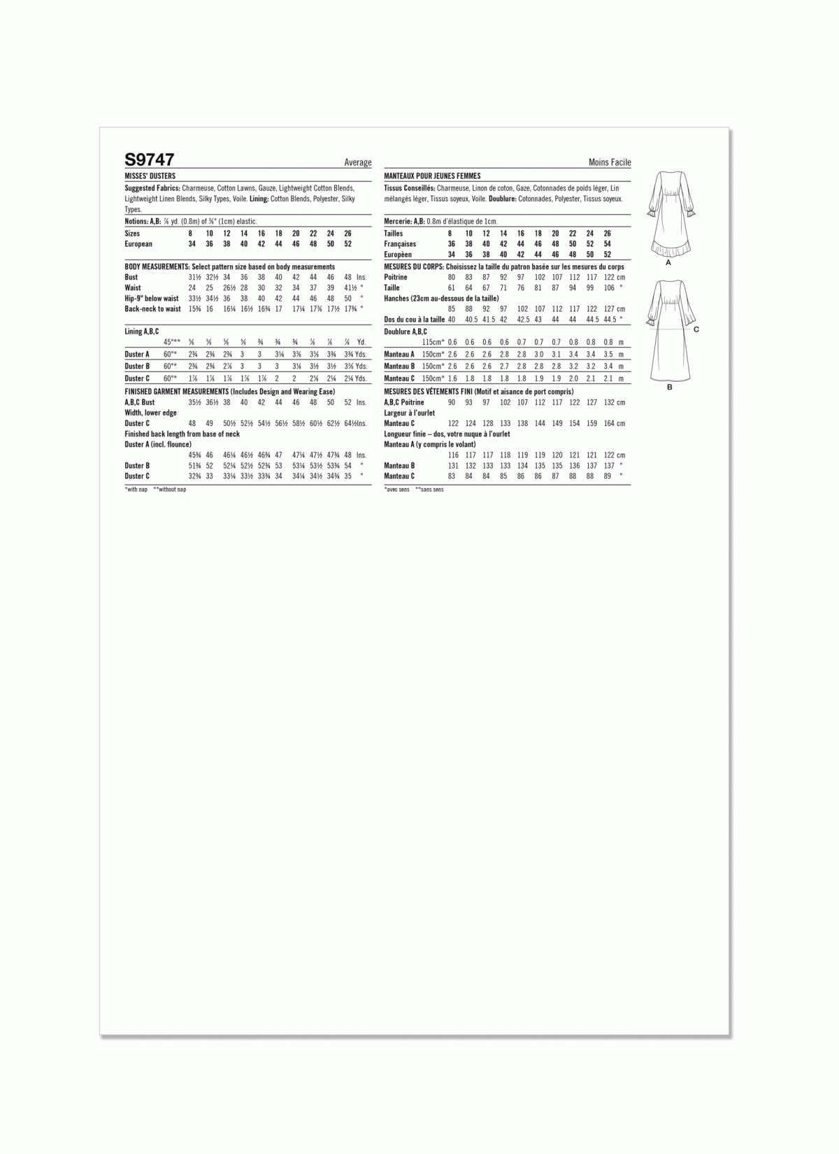 Simplicity Sewing Pattern S9747 Misses' Duster Jackets
