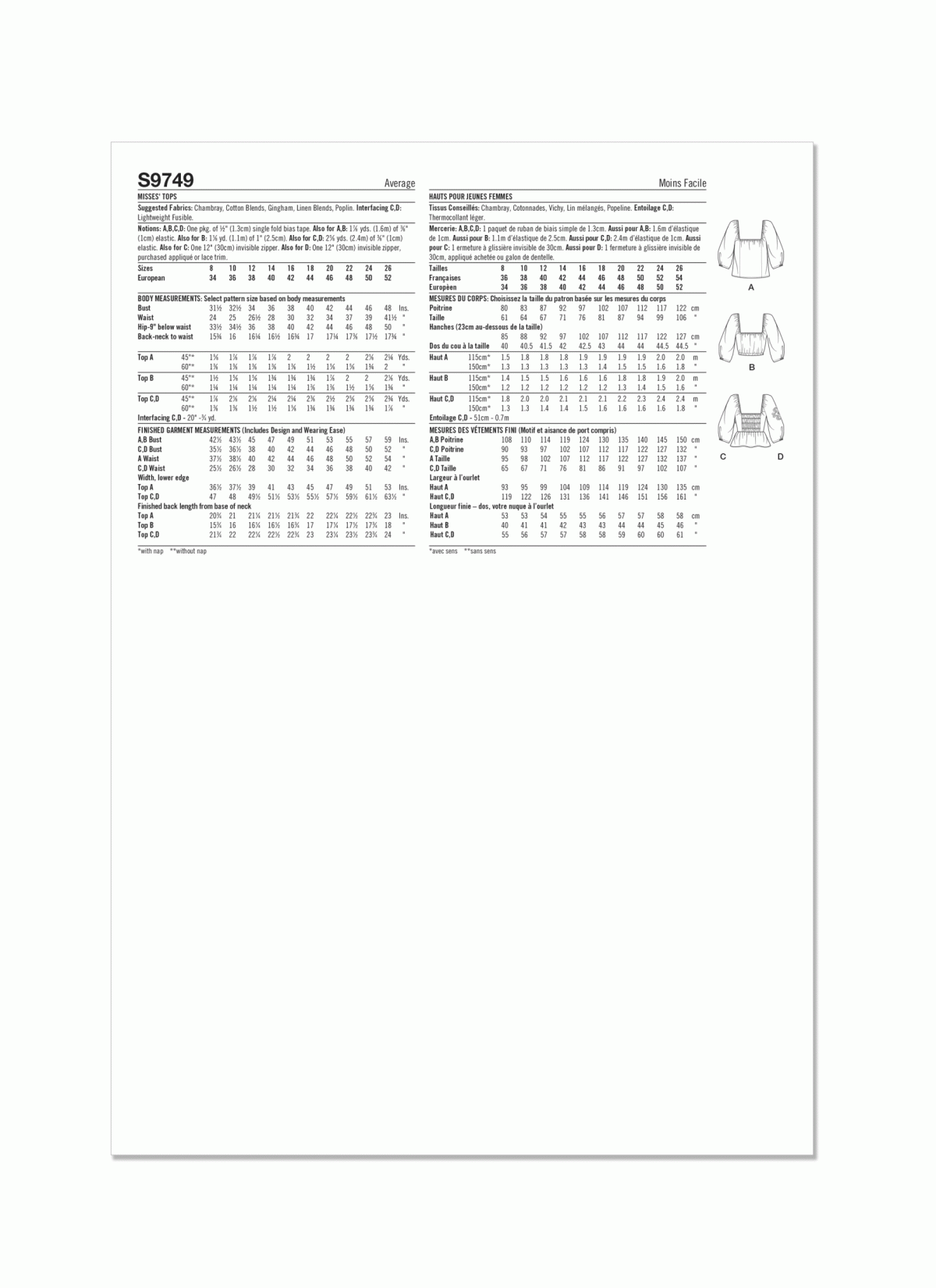 Simplicity Sewing Pattern S9749 Misses' Tops