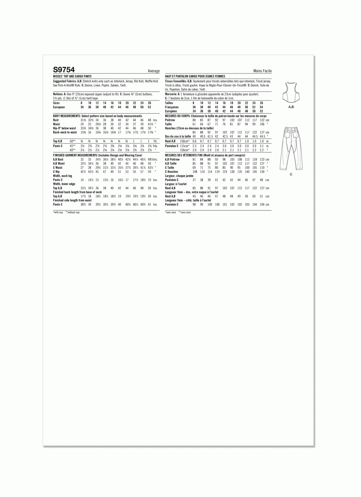 Simplicity Sewing Pattern S9754 Misses' Tops and Cargo Pants by Mimi G Style