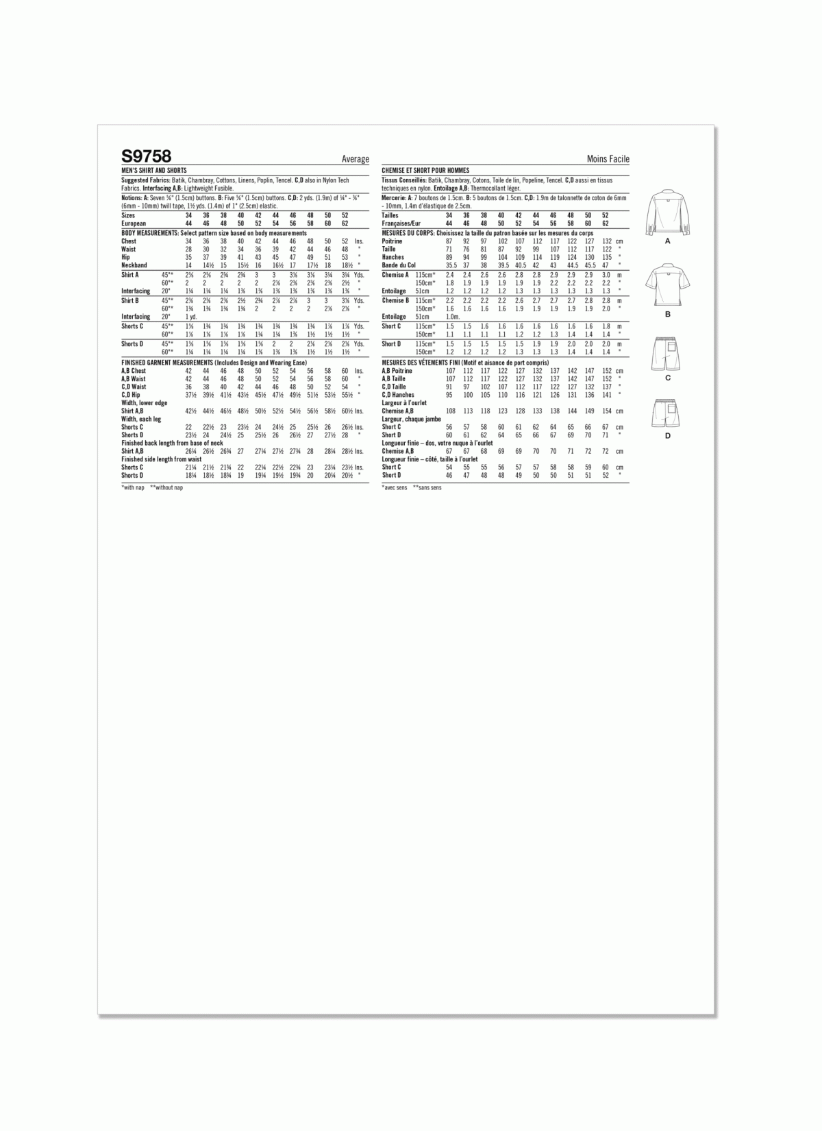 Simplicity Sewing Pattern S9758 Men's Shirts and Shorts by Norris Danta Ford