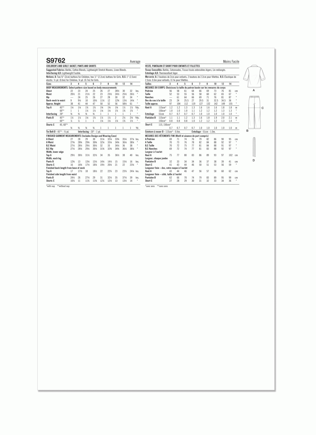 Simplicity Sewing Pattern S9762 Children's and Girls' Jacket, Trousers and Shorts for American Sewing Guild