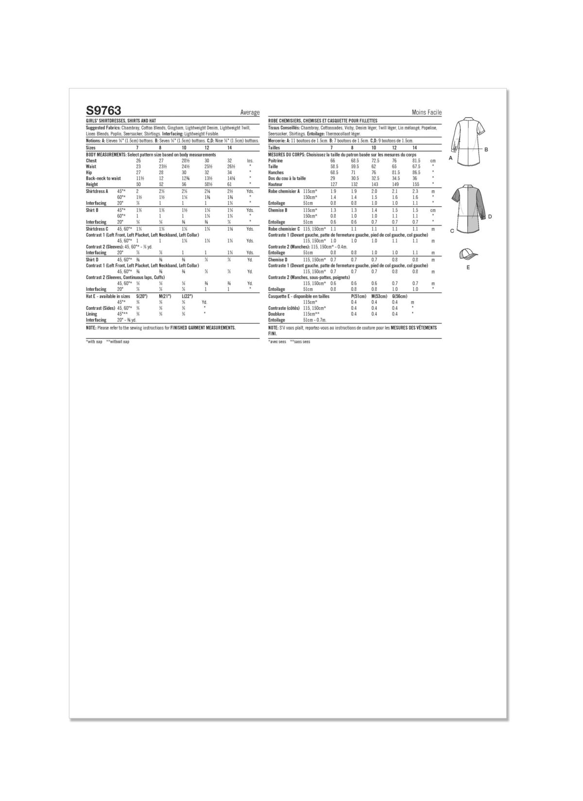 Simplicity Sewing Pattern S9763 Girls' Shirtdresses, Shirts and Hat