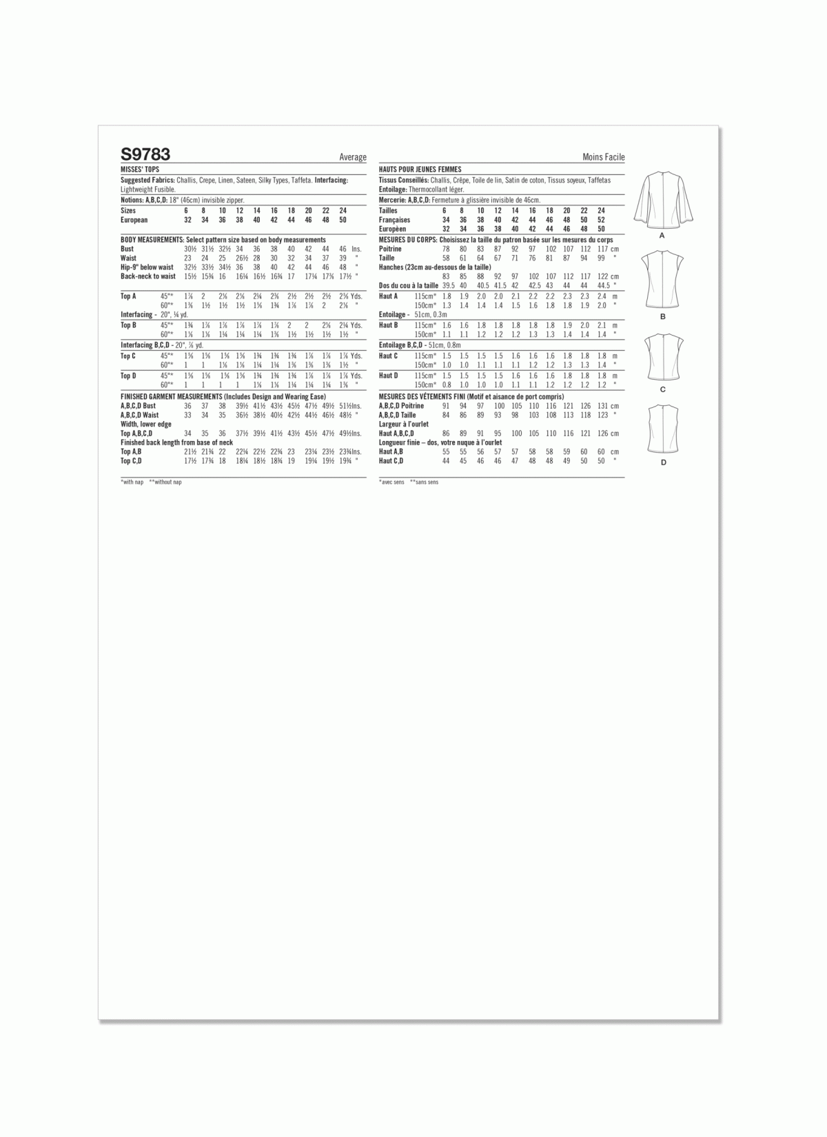 Simplicity Sewing Pattern S9783 Misses' Tops