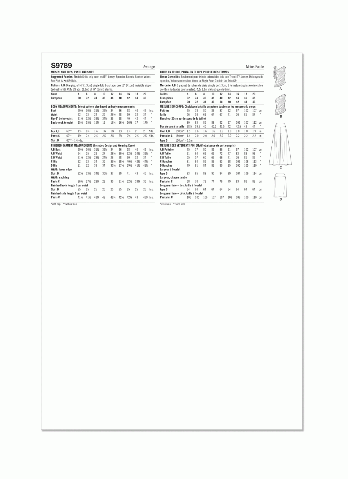 Simplicity Sewing Pattern S9789 Misses Knit Tops, Trousers and Skirt