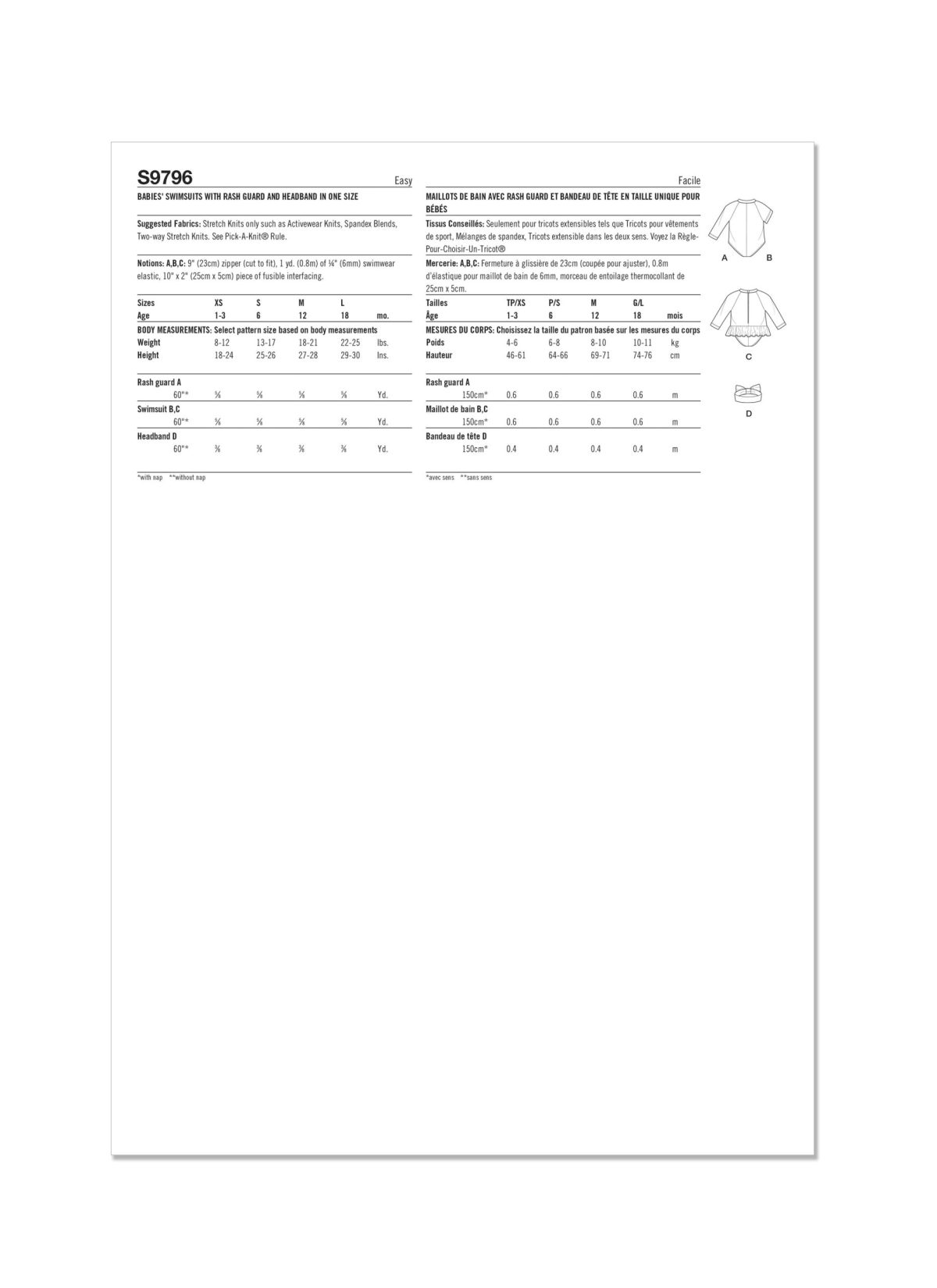 Simplicity Sewing Pattern S9796 Babies' Swimsuits with Rash Guard and Headband in One Size