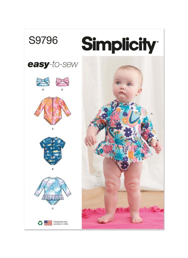 Simplicity Sewing Pattern S9796 Babies' Swimsuits with Rash Guard and Headband in One Size