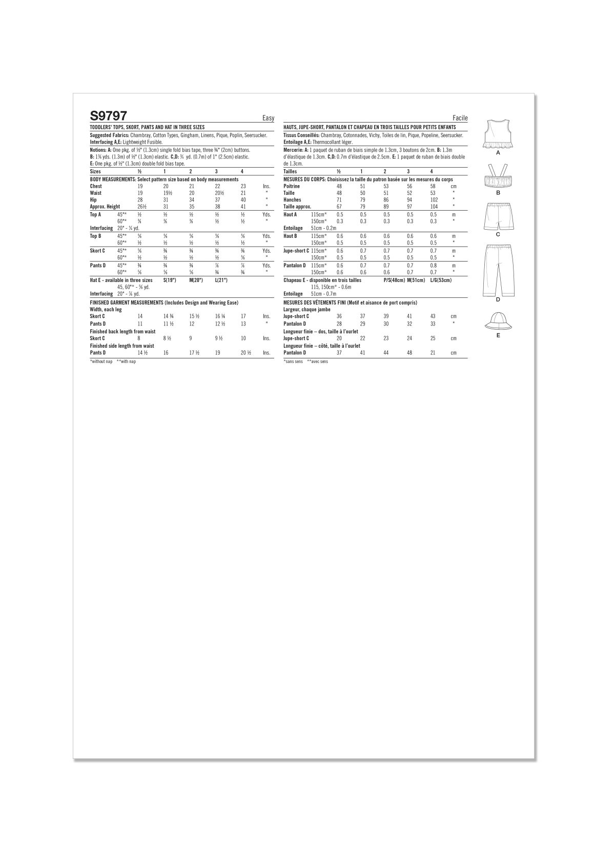 Simplicity Sewing Pattern S9797 Toddlers' Tops, Skort, Trousers and Hat in Three Sizes