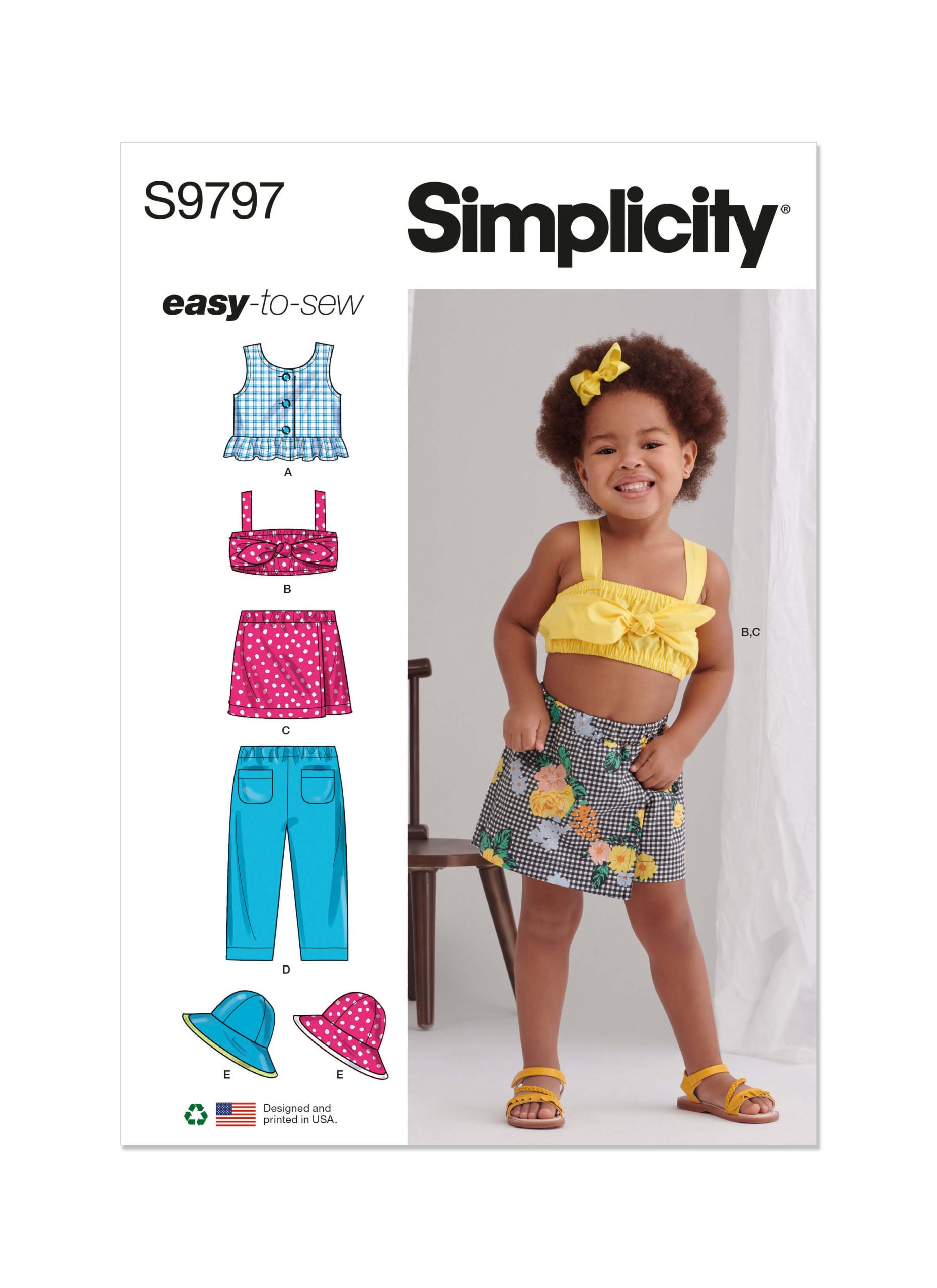 Simplicity Sewing Pattern S9797 Toddlers' Tops, Skort, Trousers and Hat in Three Sizes