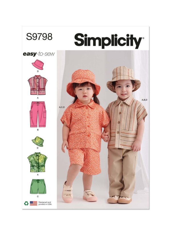 Simplicity Sewing Pattern S9798 Toddlers' Top, Trousers, Shorts and Hat in Three Sizes