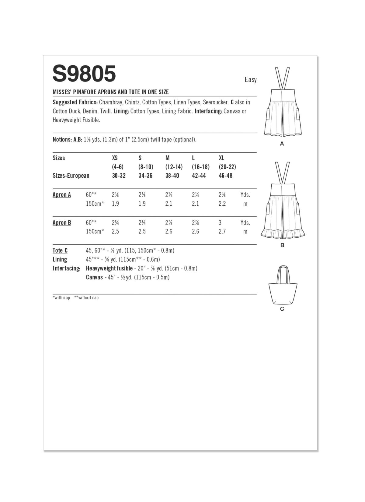 Simplicity Sewing Pattern S9805 Misses' Pinafore Aprons and Tote by Elaine Heigl Designs