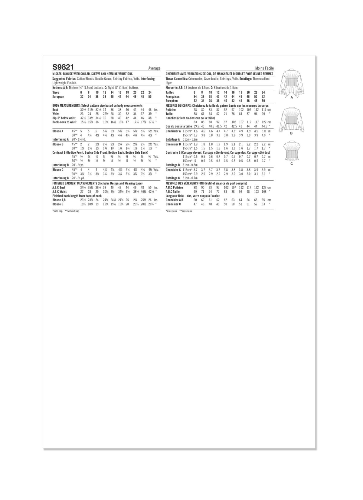 Simplicity Sewing Pattern S9821 Misses' Blouses