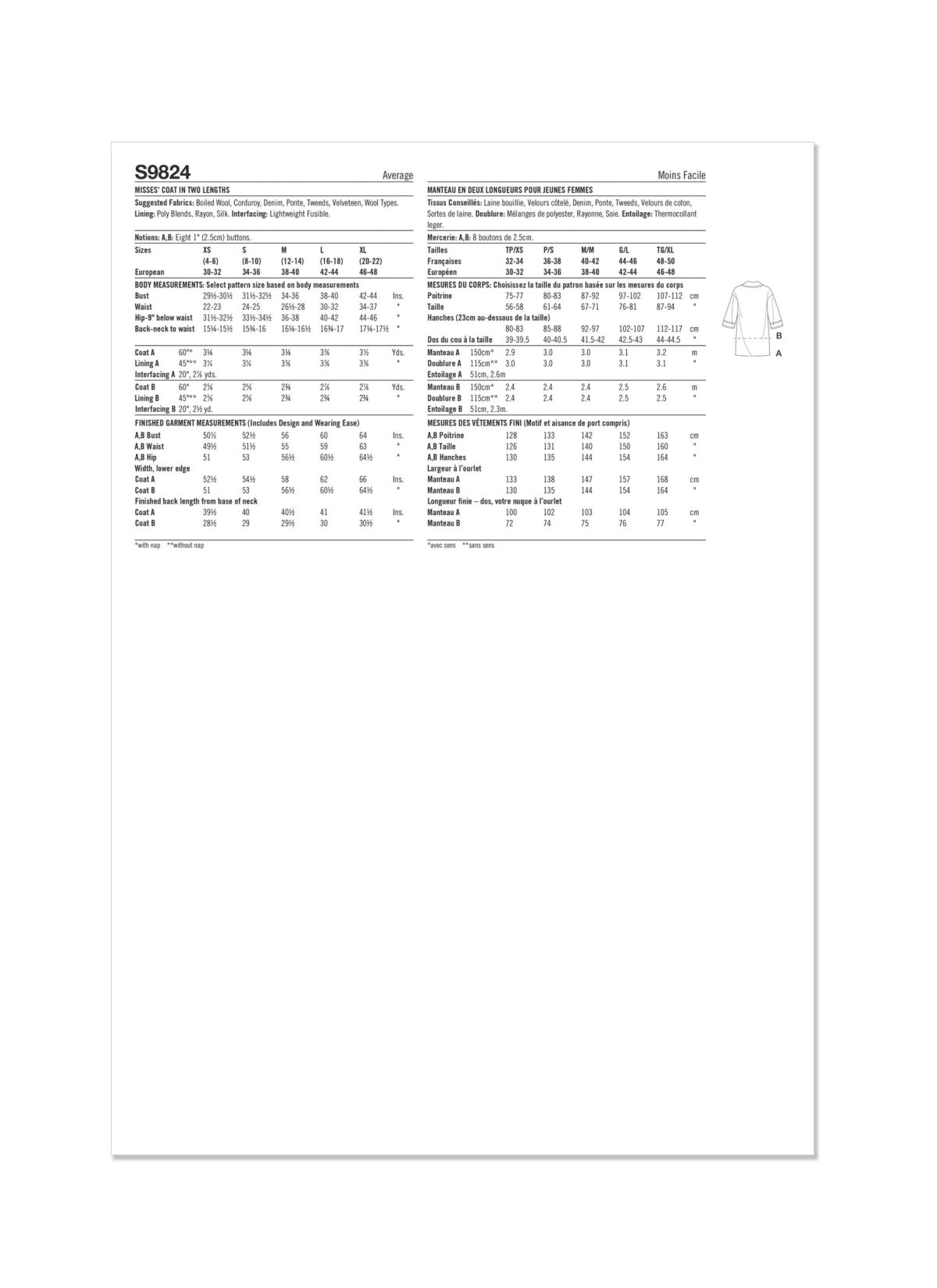 Simplicity Sewing Pattern S9824 Misses' Coat in Two Lengths by Mimi G Style