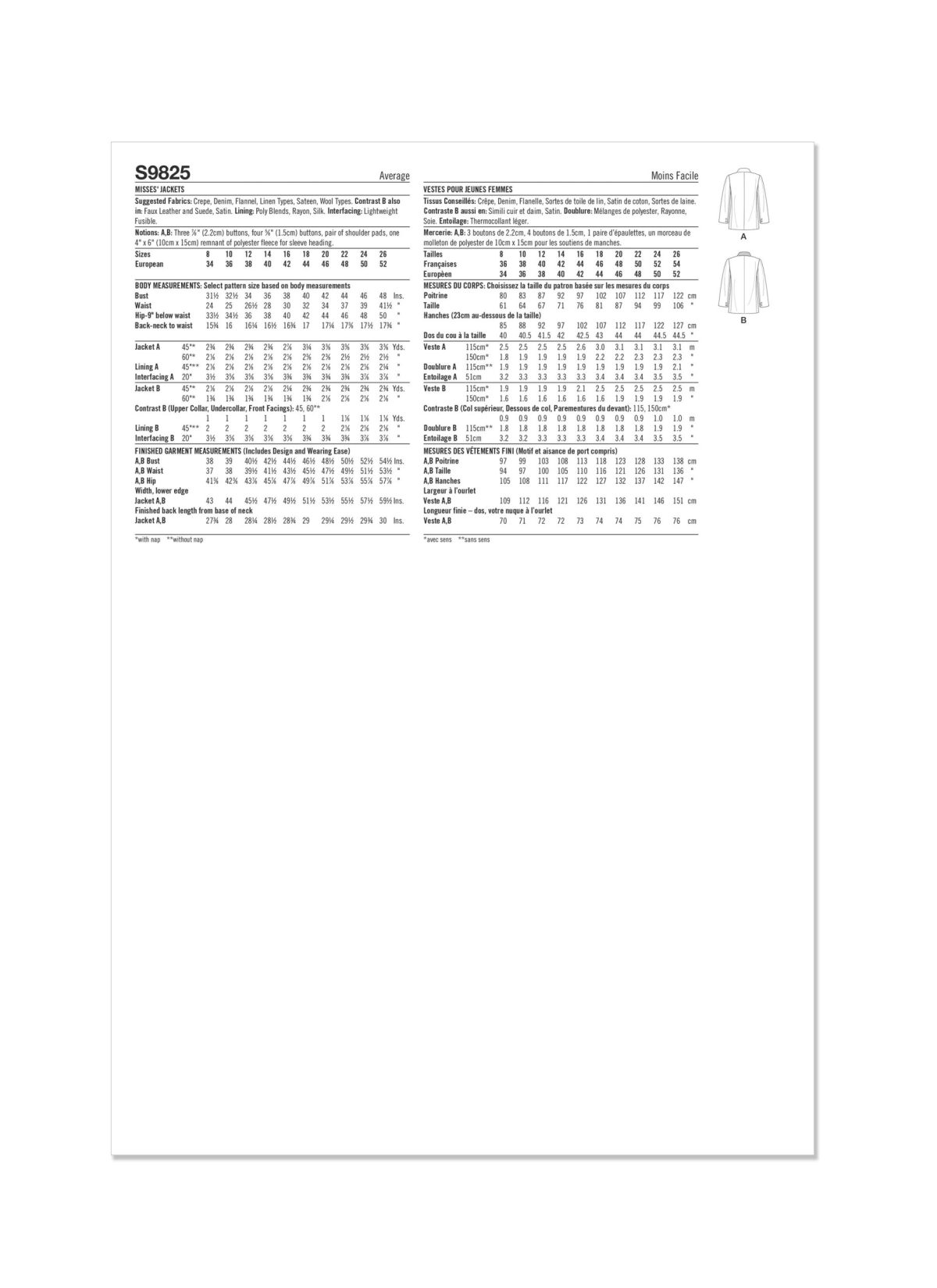 Simplicity Sewing Pattern S9825 Misses' Jackets