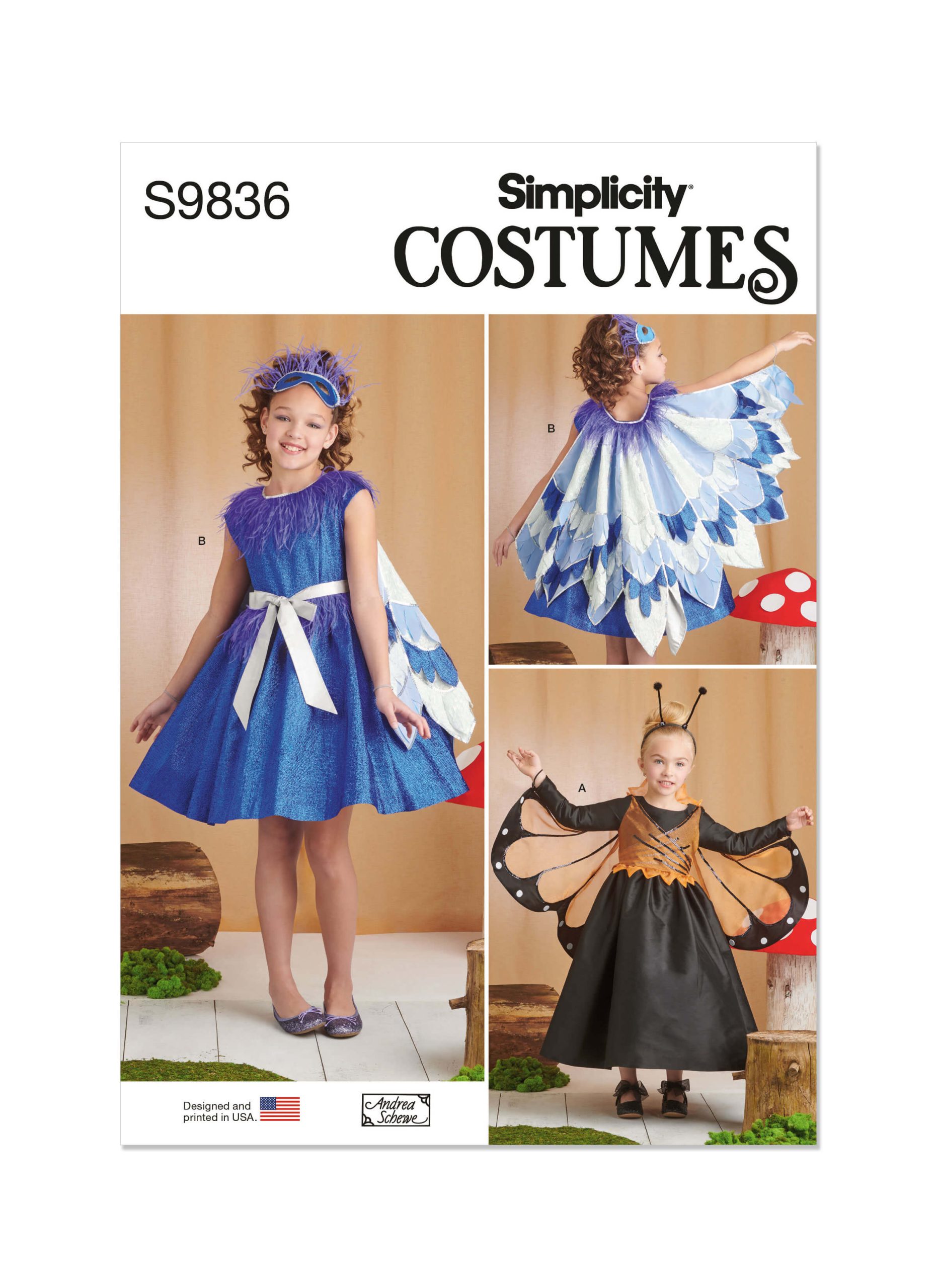 SIMPLICITY SS9836HH Cartamodello Cucito Costumi Bambini E Ragazze – Farfalla E Uccello Blu, Taglie 3-4-5-6