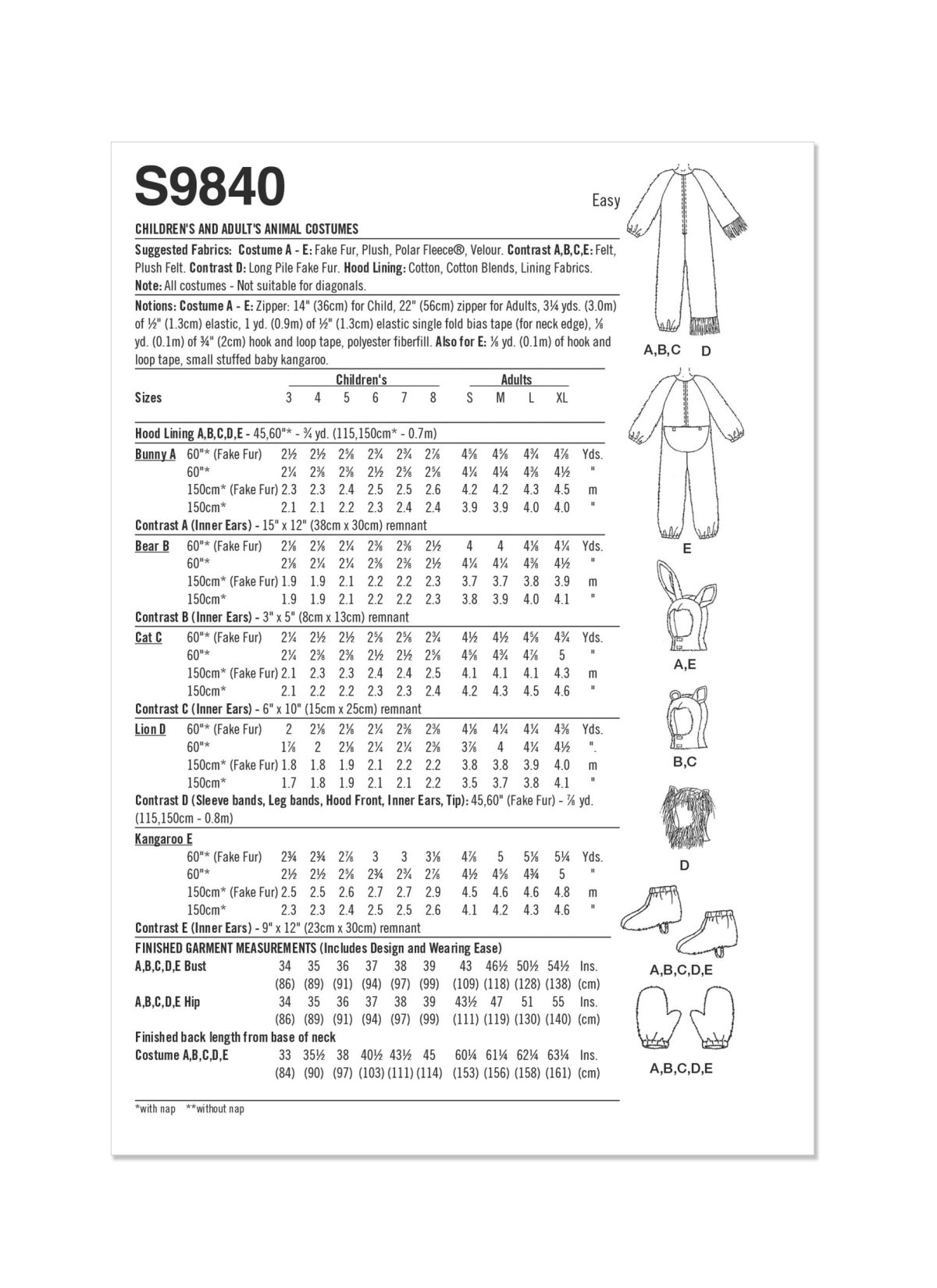 Simplicity Sewing Pattern S9840 Children's and Adult's Animal Costumes