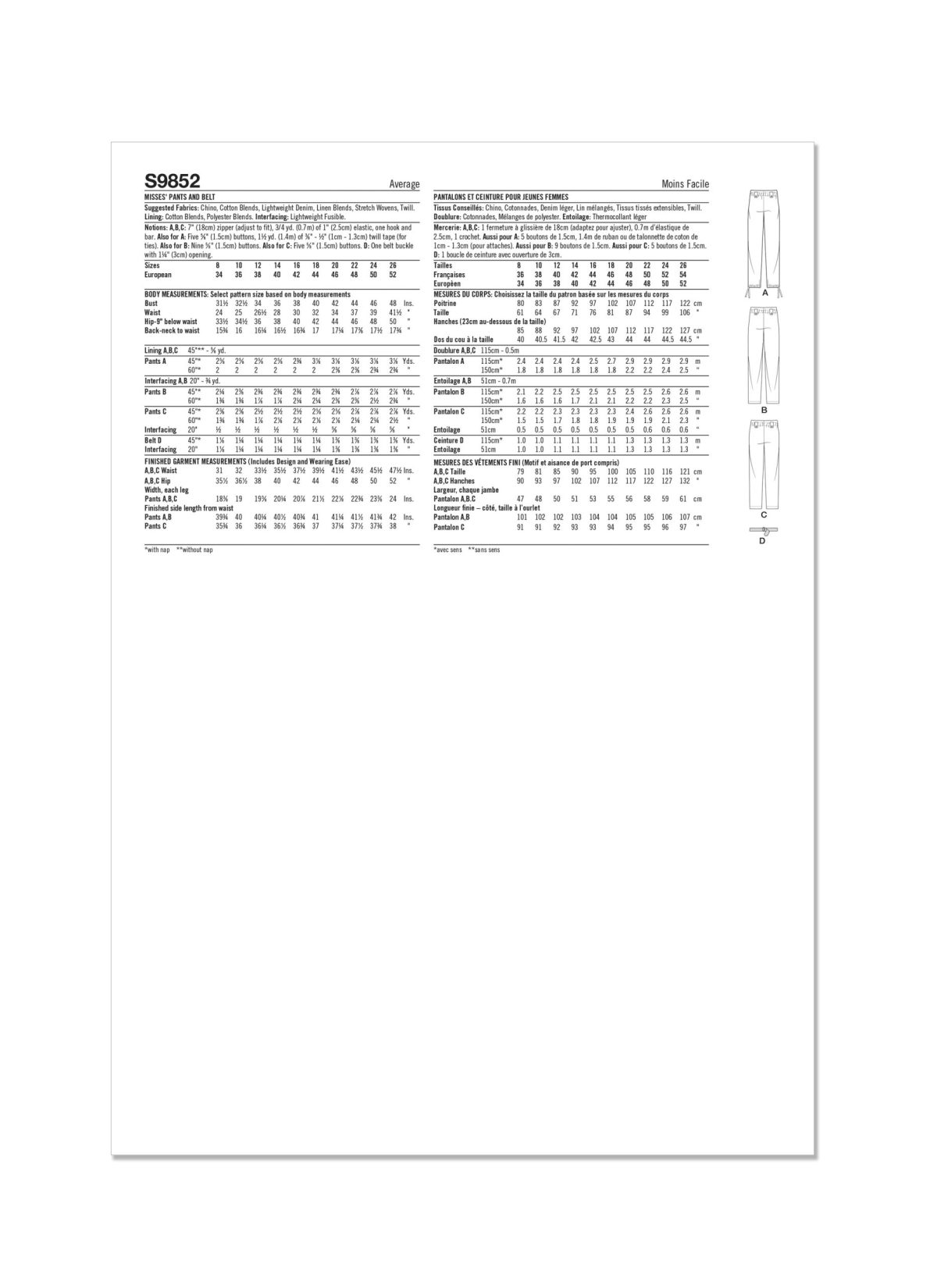 Simplicity Sewing Pattern S9852 Misses' Trousers and Belt