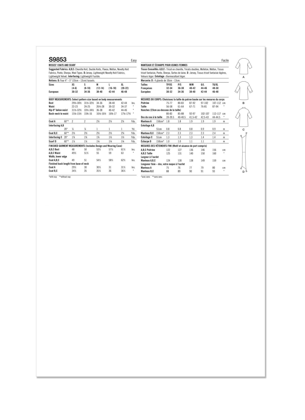 Simplicity Sewing Pattern S9853 Misses' Coats and Scarf by Elaine Heigl Designs