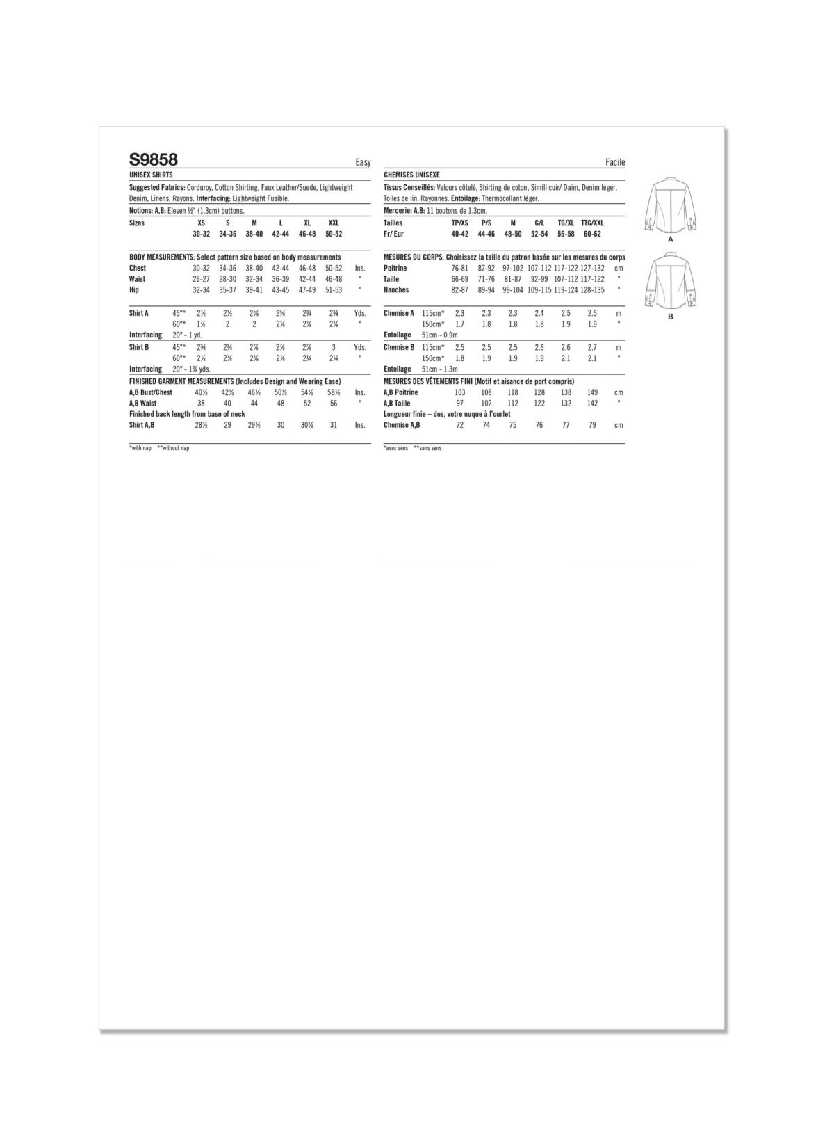 Simplicity Sewing Pattern S9858 Unisex Shirts