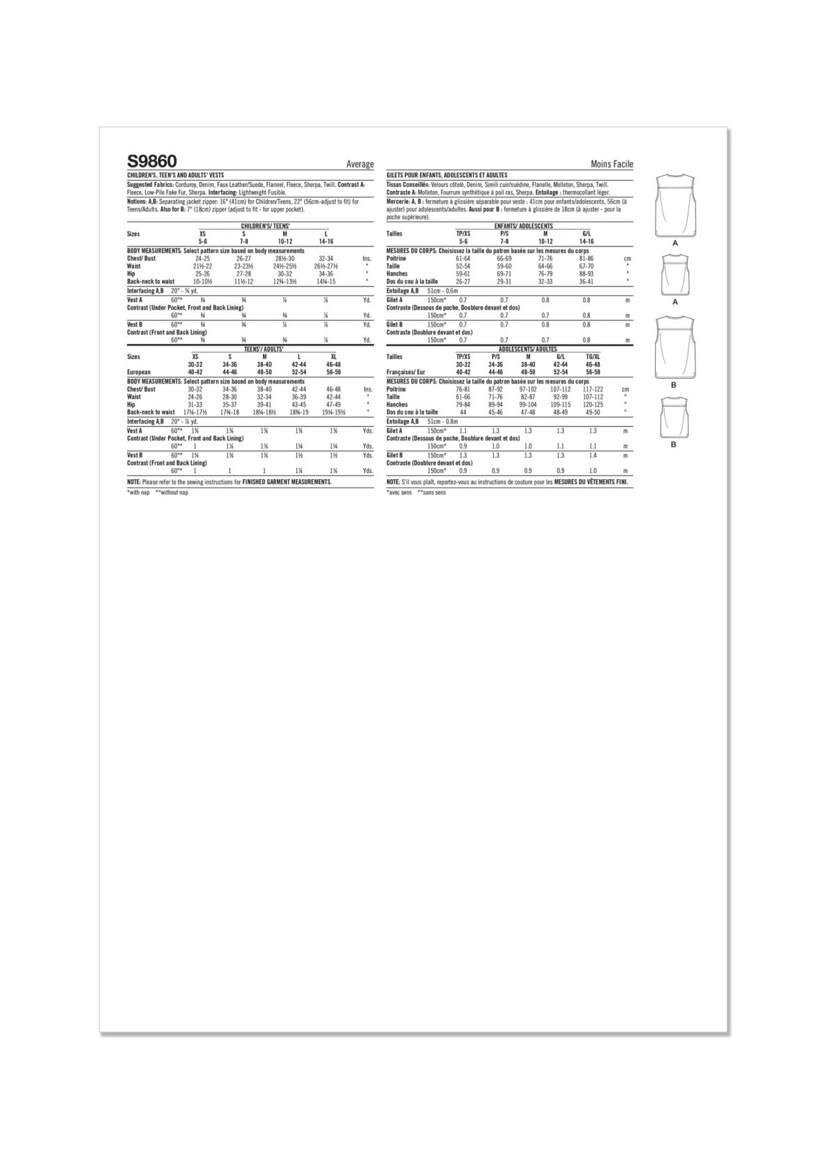 Simplicity Sewing Pattern S9860 Children's, Teens' and Adults' Lined Waistcoats for American Sewing Guild