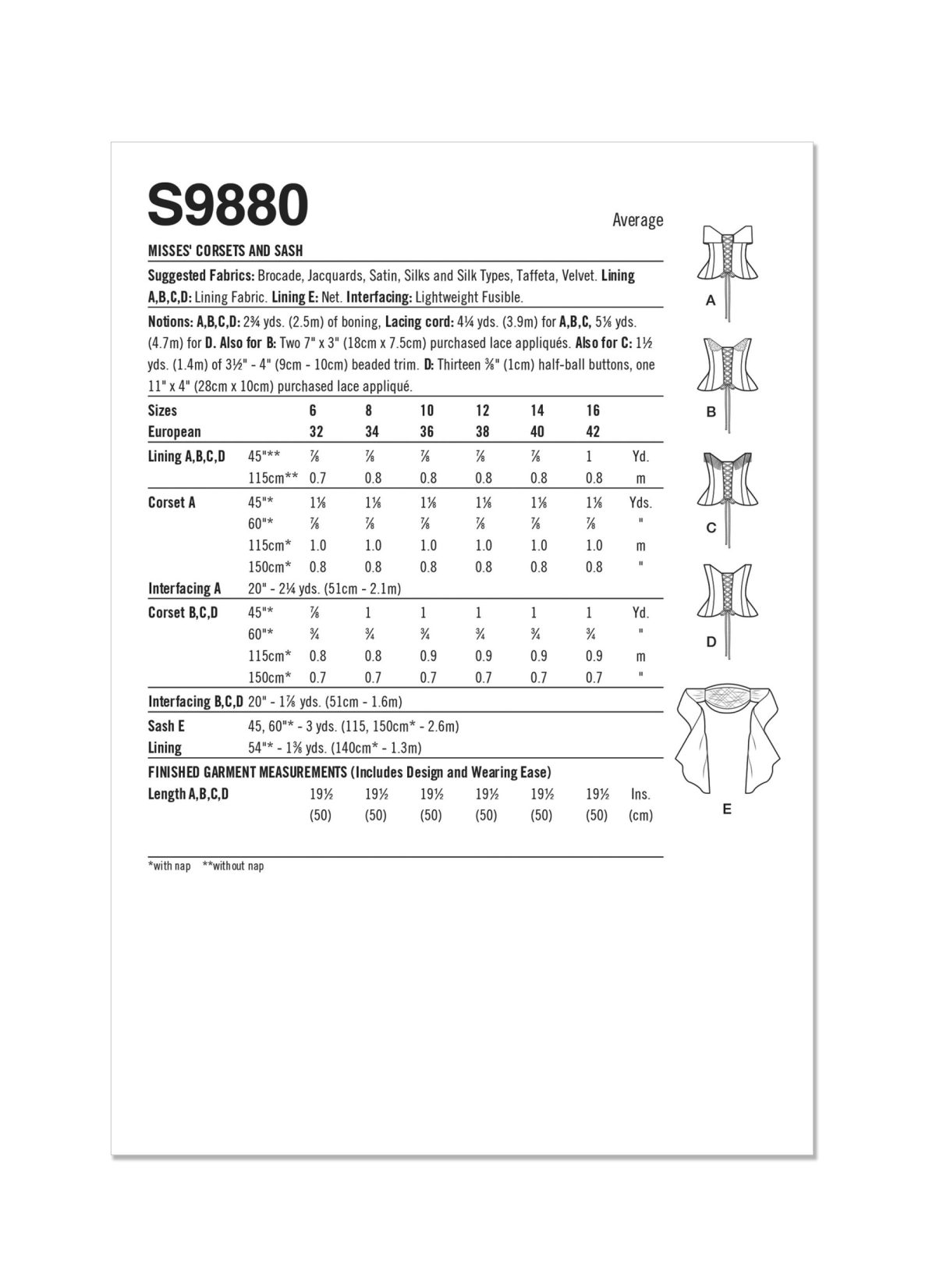 Simplicity Sewing Pattern S9880 Misses' Corsets and Sash