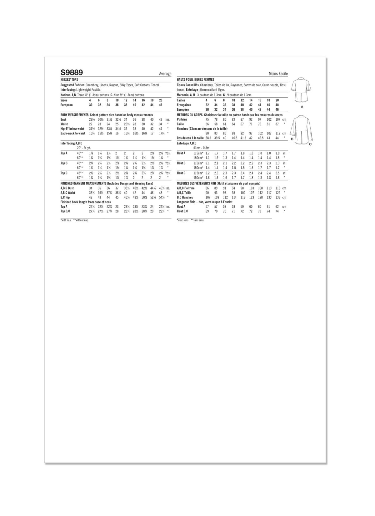 Simplicity Sewing Pattern S9889 Misses' Tops