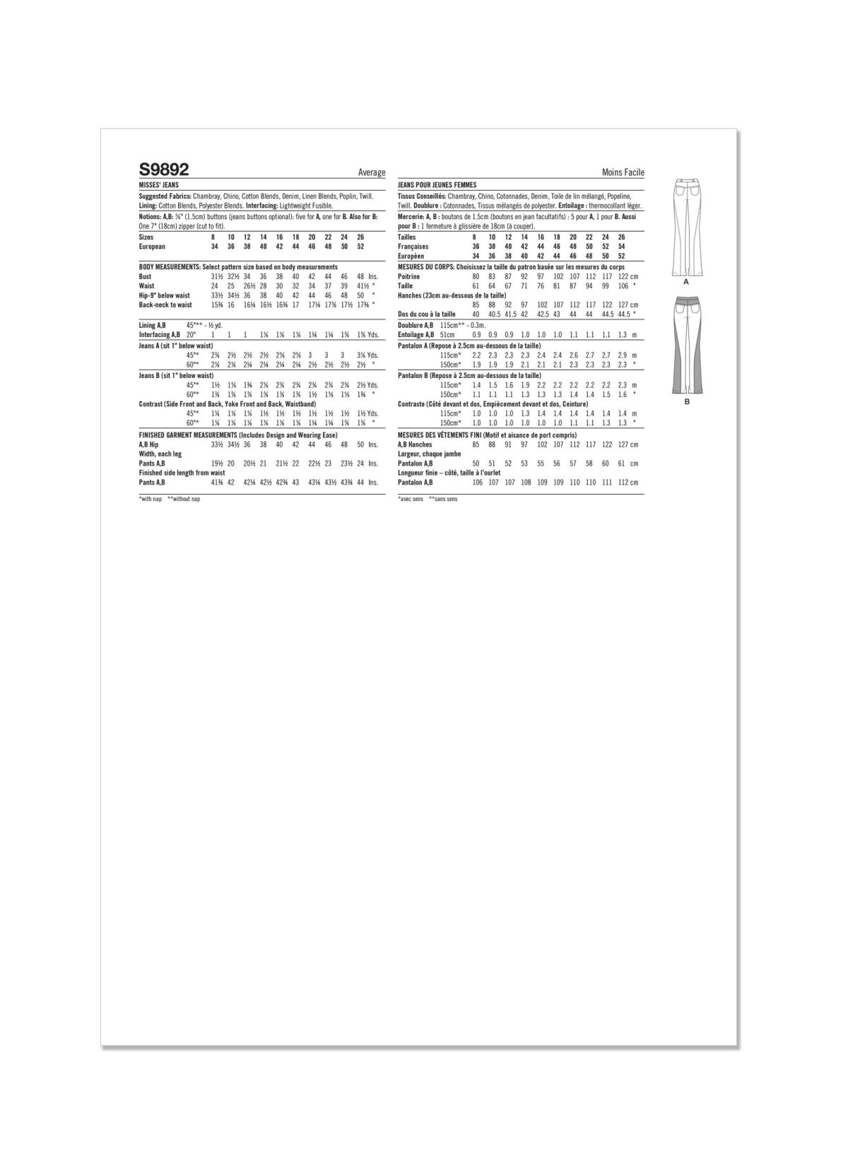 Simplicity Sewing Pattern S9892 Misses' Jeans