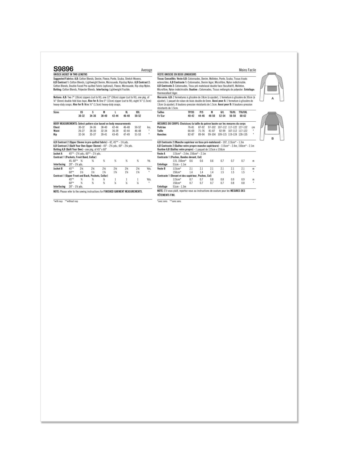 Simplicity Sewing Pattern S9896 Unisex Jacket In Two Lengths