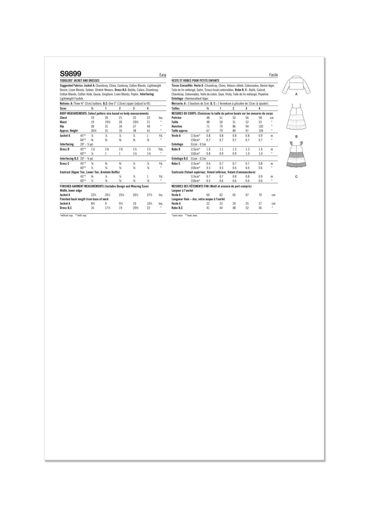Simplicity Sewing Pattern S9899 Toddlers' Jacket and Dresses