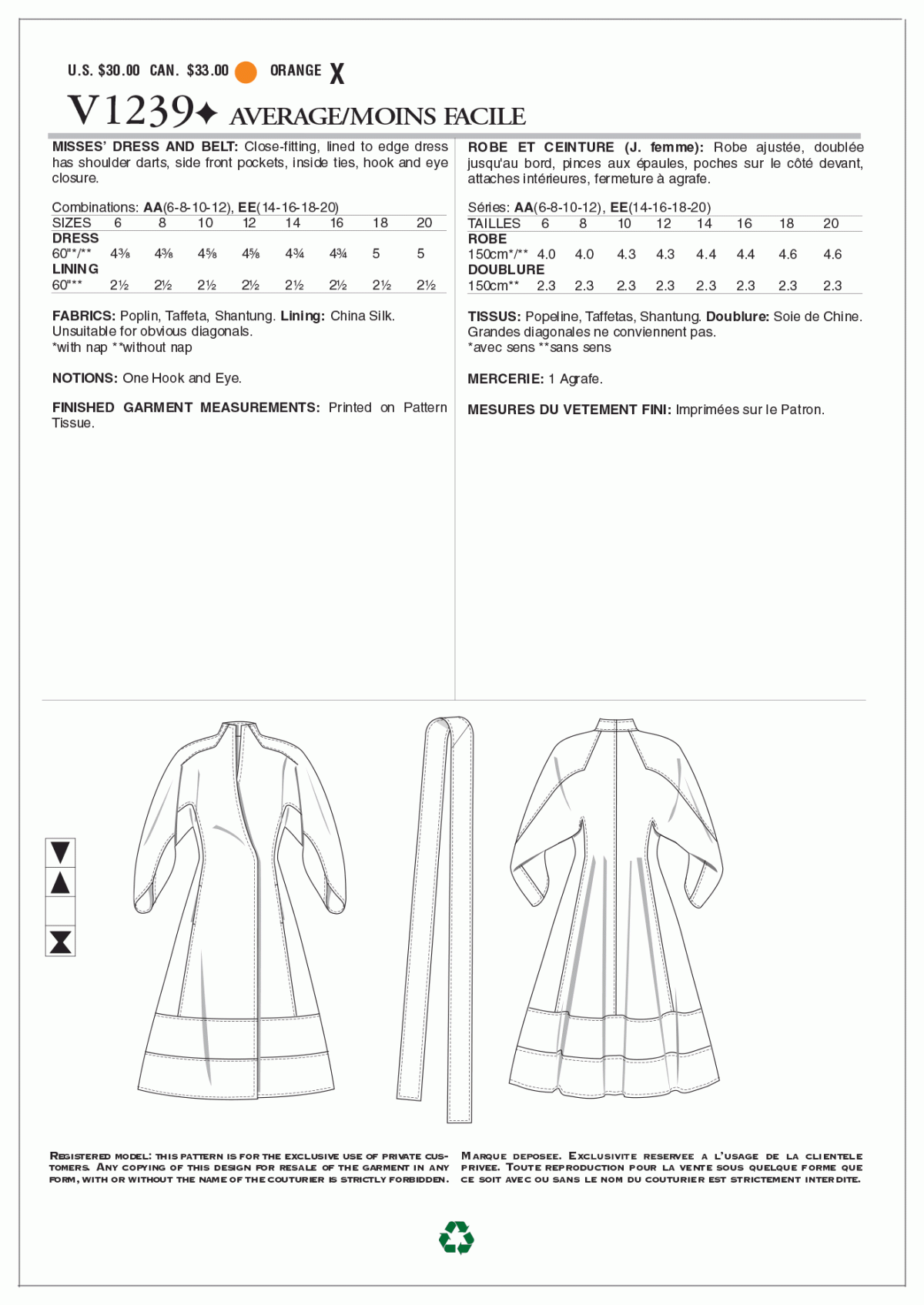 Vogue Patterns V1239 Misses' Dress and Belt