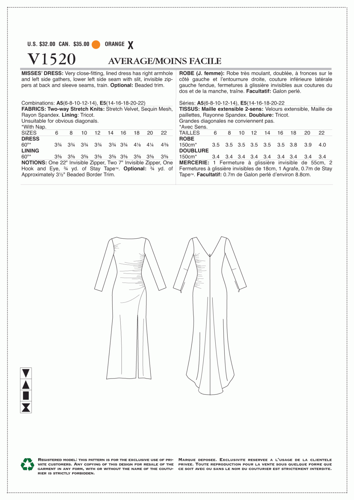 Vogue Patterns V1520 Misses' Side-Gathered, Long Sleeve Dress with Beaded Cuffs