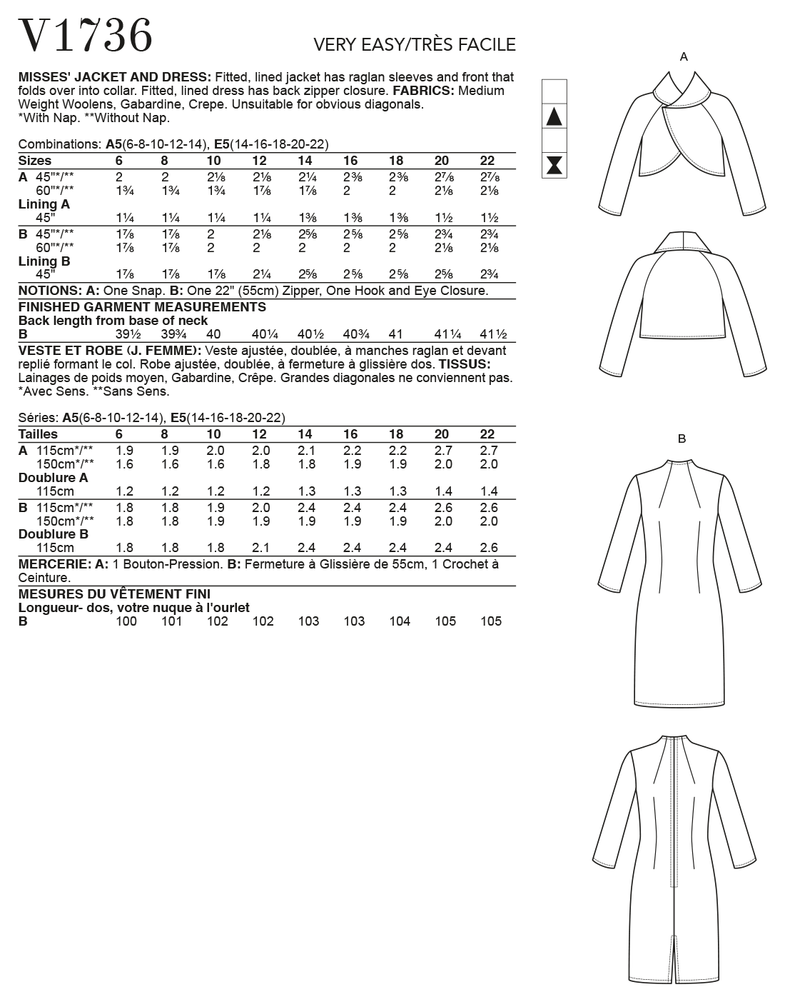 Vogue Patterns V1736 Misses' Lined Raglan-Sleeve Jacket and Funnel-Neck Dress