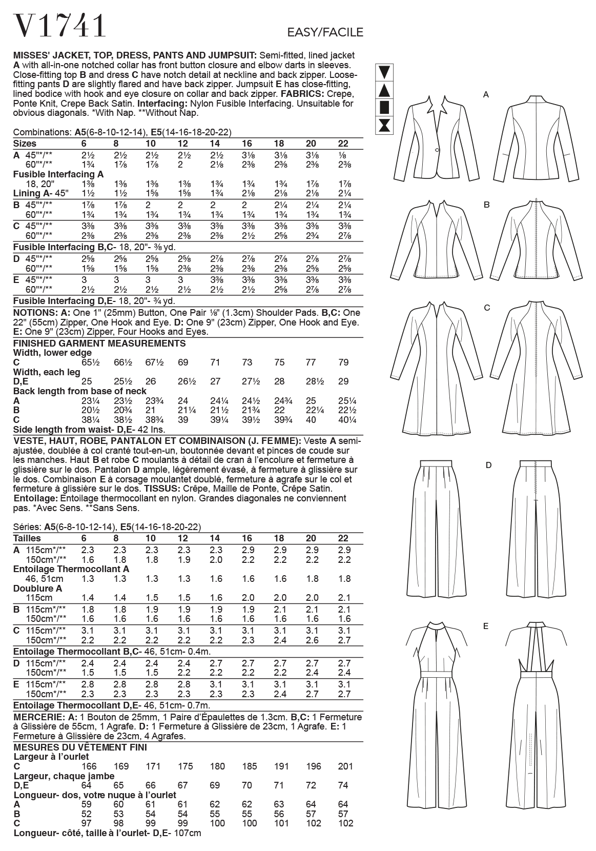 Vogue Patterns V1741 Misses' Jacket, Top, Dress, Trousers and Jumpsuit