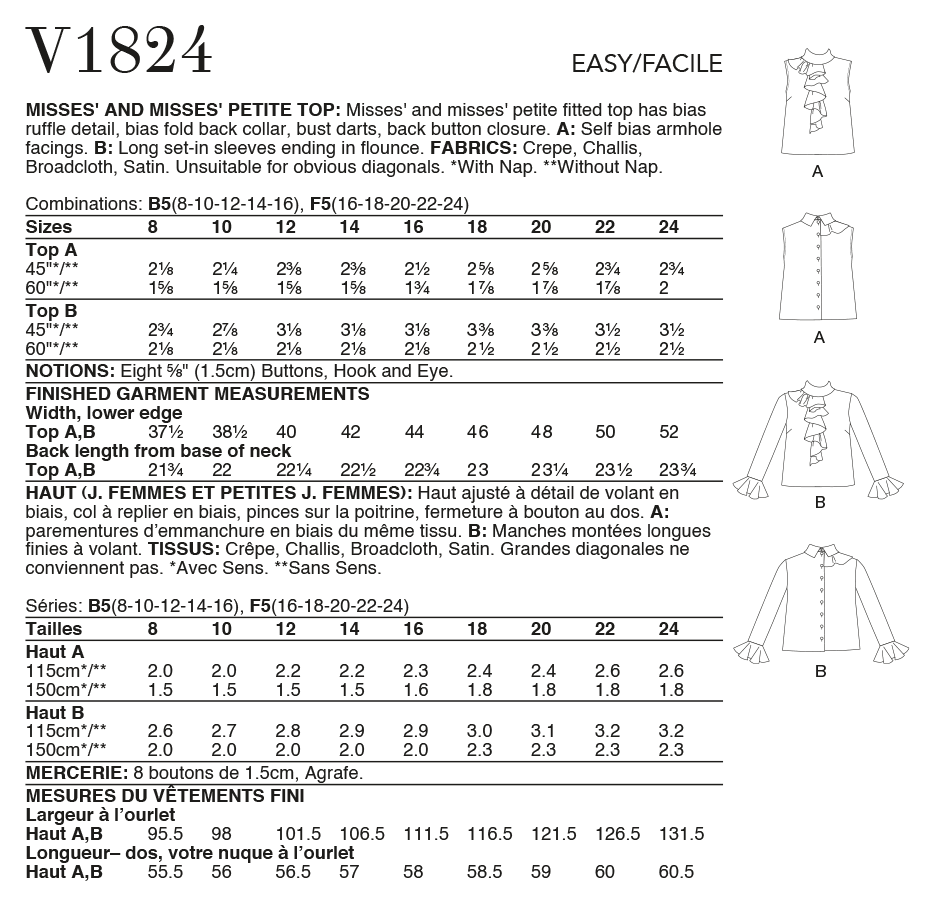 Vogue Patterns V1824 Misses' and Misses' Petite Top
