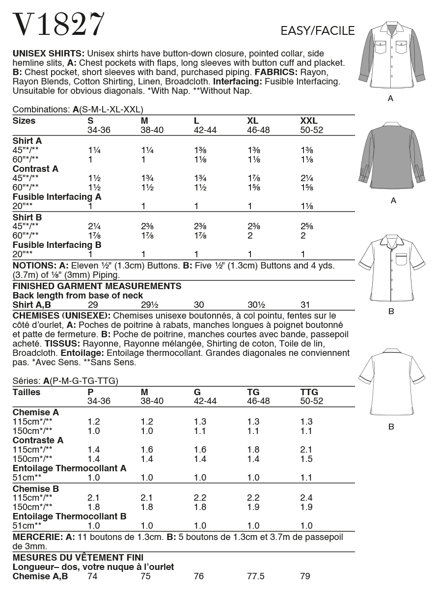 Vogue Patterns V1827 Unisex Shirts