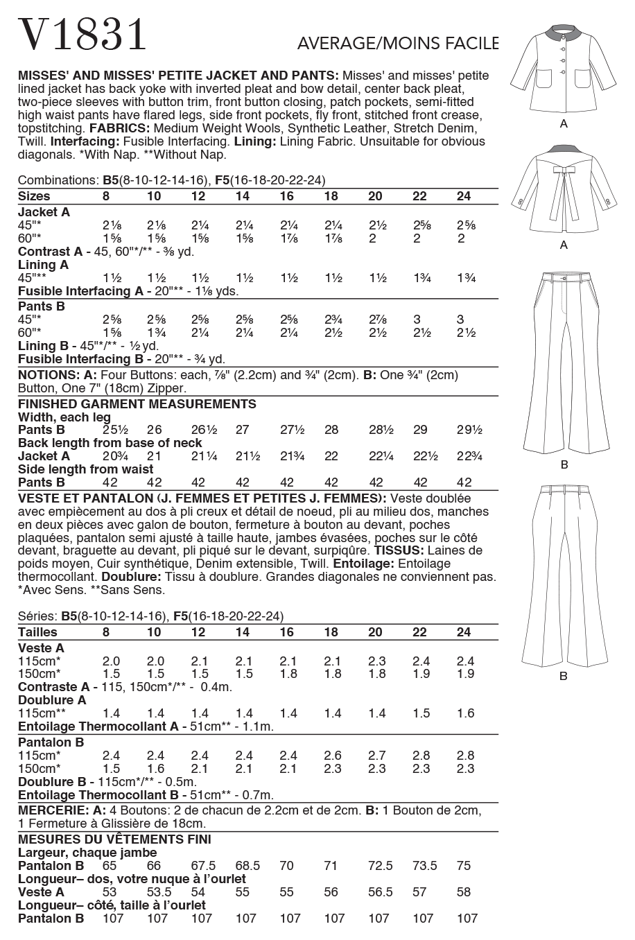 Vogue Patterns V1831 Misses' and Misses' Petite Jacket and Trousers