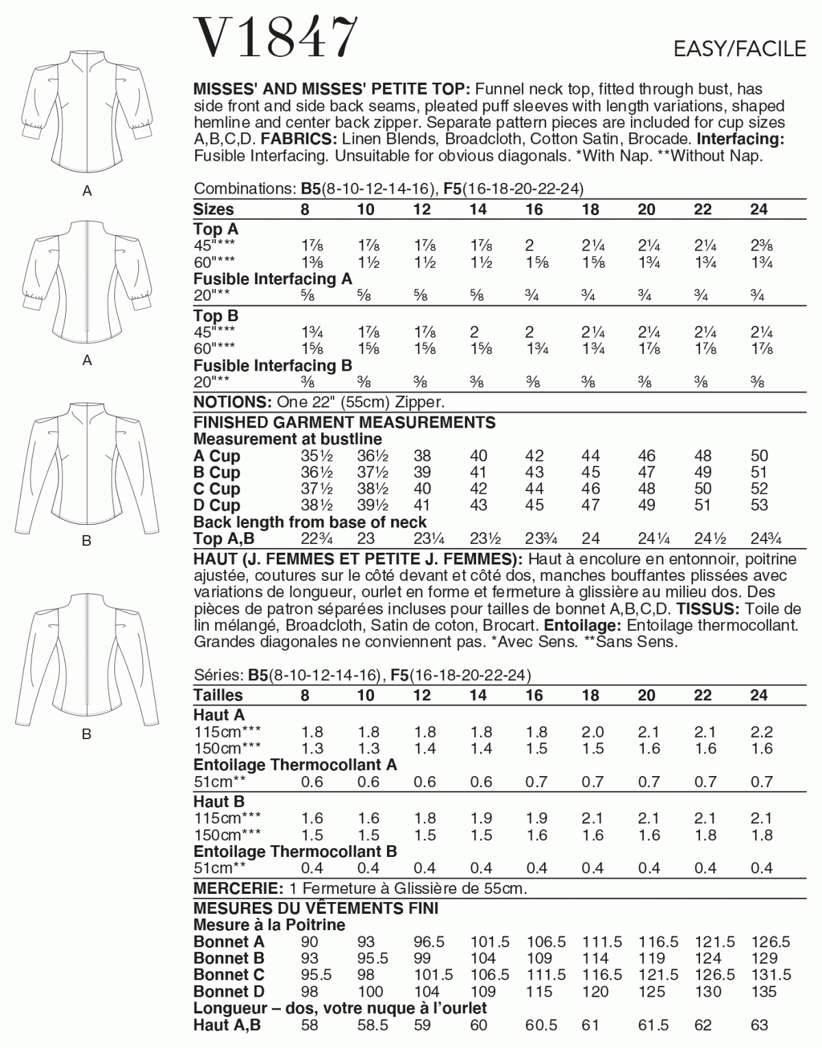 Vogue Pattern V1847 Misses', Misses' Petite Top